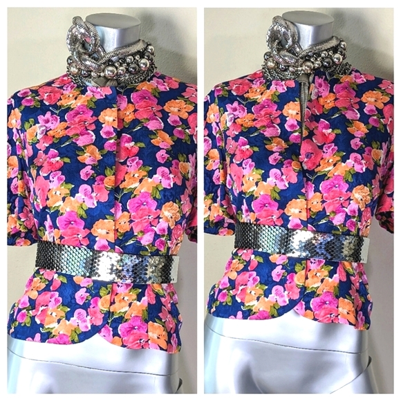 100% Silk Vibrant Bold Floral Print "Papell" Cropped Blouse Blazer - Picture 4 of 15